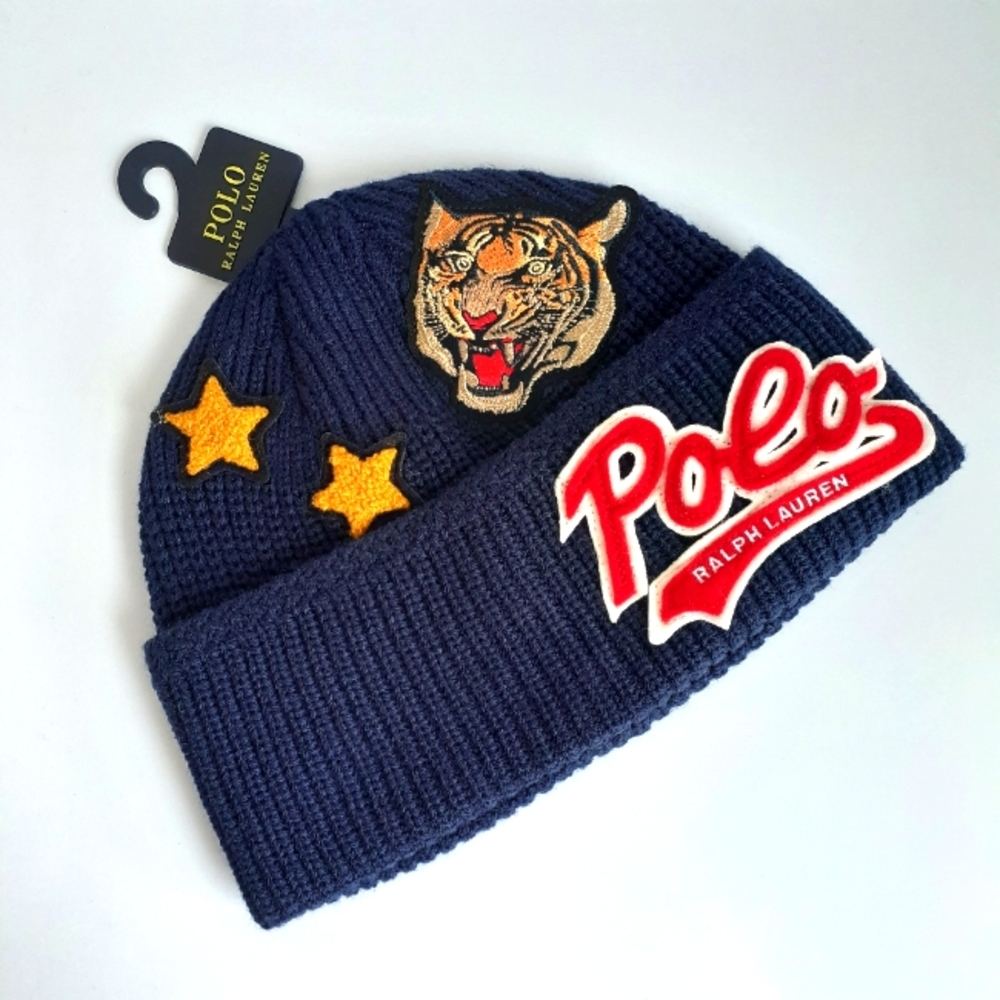Polo Ralph Lauren Men's Tiger Patch Navy Blue Knit Beanie Toque Hat NWT - Picture 5 of 10